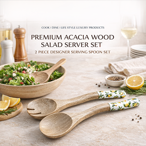 Premium Acacia Wood Salad Server <b>Set</b> – <b>2</b> <b>Piece</b> Designer Serving Spoon <b>Set</b> with <b>White</b> Enamel Coating & Lemon Print - Product Image 3