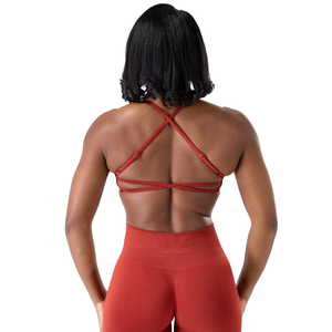 Women Seamless Strappy Sports Bra <b>Brick</b> Red <b>Yoga</b> Gym Fitness Workout Stretch Support High Waist Activewear - Product Image 4