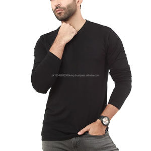 T-shirt décontracté personnalisé pour homme, couleur noire, col en V, manches longues, tissu de qualité supérieure, logo sur demande pour homme - Product Image 4