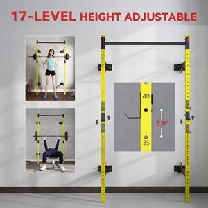 Cremagliera Squat pieghevole regolabile da 1000 libbre con barra Pull-Up a muro giallo-sistema di palestra per la casa - Product Image 4