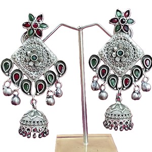 Large Quantity Oxidized Silver Ethnic Indian Jhumka Antique Pear Cut Bezel Setting Women's <b>Earrings</b> Wholesale Supplier - Product Image 1