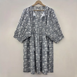 Vestido Casual Midi para Mujer, Tejido 100% Algodón, Estampado Floral Liso, Manga Corta, Cintura Imperio, Estilo Babydoll, Oversize, Cuello en V, Holgado - Product Image 1