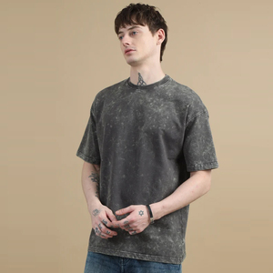 เสื้อยืดโอเวอร์ไซส์สีดำล้างสี ผ้าฝ้าย คอกลม แขนสั้น สไตล์ลำลอง สตรีทแวร์ ผ้าเจอร์ซีย์ถัก - Product Image 2