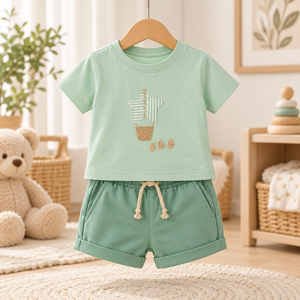 Ensemble de vêtements d'été pour bébés garçons et filles, 2 pièces, t-shirt brodé et short, tenue de haute qualité personnalisable - Product Image 4