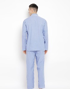 Ensemble de pyjama pour homme à manches longues rayé bleu et blanc en coton, vêtements de nuit décontractés avec poche, pour le printemps - Product Image 5