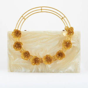 Luxury <b>Gold</b> Floral Resin Clutch <b>Bag</b> with Elegant Metal Flower and Leaf Embellishment, Stylish <b>Evening</b> Party Handbag for Women - Product Image 1