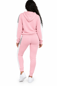 Ensemble de survêtement pour femmes, sweat-shirt à capuche rose à blocs de couleur, manches longues, pantalon de jogging en molleton, ensemble de sport décontracté 2 pièces - Product Image 2
