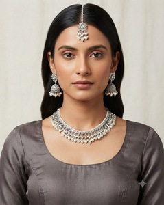<b>Pearl</b> Beaded Cluster Necklace <b>Set</b> With Matching Jhumki Earrings And Mang Tika Reception & Party Wear <b>Jewellery</b> <b>Set</b> Manufacturers - Product Image 4