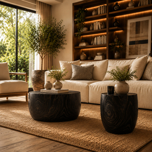 Table d'appoint Kala Exotic en bois de Suar massif, finition noire, design sculptural moderne, tabouret ottoman pour salon - Product Image 6