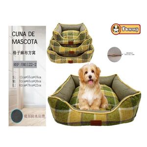 Yommy Checkered Linen Pet <b>Bed</b> Square <b>Nest</b> S M L Waterproof Non Slip Bottom Dog Cat <b>Bed</b> - Product Image 3