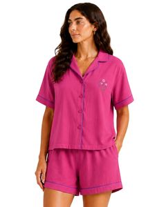 Customized Fuchsia Pink Women Pajama Set Short Sleeve Button <b>Down</b> Nightwear Soft Breathable Summer Sleepwear Casual Lounge Set - Product Image 1
