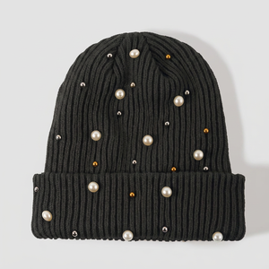 Elegante Gorro de Punto Hecho a Mano con Decoración de Perlas y Diamantes de Imitación, Color Sólido, Cálido para Invierno, Esquí, Aire Libre, Adultos, Unisex, Estilo Urbano - Product Image 2