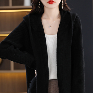 Cárdigan con Capucha de Punto Acanalado 100% Cachemira para Mujer, Cuello en V, Largo Medio, Suéter de Invierno - Product Image 3