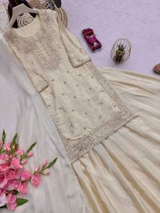 Ensemble de robe Anarkali traditionnelle en coton crème pour femmes, coupe régulière, longueur au sol, tenue de mariage, style Inde Pakistan - Product Image 6
