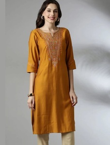 Indian Women Wear Mustard Rayon Kurti With Embroidered Neckline Regular Fit Midi Length Traditional Indian <b>Pakistani</b> Casual Wea - Product Image 1