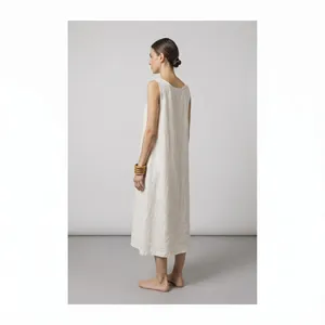 Premium Ivory Plain Cotton Midi <b>Dress</b> With Sleeveless <b>Loose</b> Fit Boho Style Summer Casual <b>Dress</b> For Women - Product Image 3