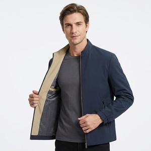<b>Men's</b> <b>Navy</b> Blue Stand Collar <b>Quilted</b> <b>Jacket</b> Windproof Zipper Solid Color Smart Casual Autumn Wear Eco-Friendly Front Polyester - Product Image 6