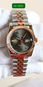 Reloj de Lujo Mecánico Vintage de 36 mm, Estilo Hip Hop, Dos Tonos, Acero Inoxidable, Esfera de Pizarra, Números Romanos Verdes, Bisel Acordonado en Oro Rosa - Product Image 2