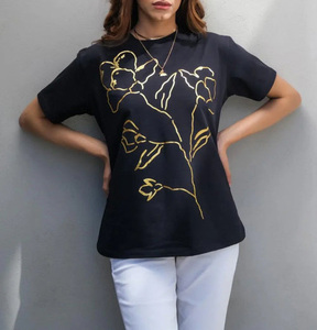 Women's Black Floral Embroidery <b>Y2K</b> Eco-Friendly T-<b>Shirt</b> Short Sleeve Collarless Regular Fit Casual Spring Summer 100% Cotton - Product Image 1