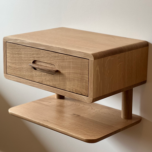 Blonde Teak Wood <b>Floating</b> Nightstand <b>Wall</b> Mounted 1 Drawer Bedside <b>Shelf</b> with Lower Deck - Product Image 1