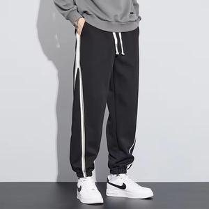 Black Hip Hop Pants Mid Waist Regular Fit Ankle-Length Knitted <b>Polyester</b> Breathable Casual Autumn Style - Product Image 1
