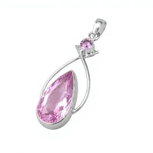 Natural Kunzite Silver Pendant, 925 Sterling Silver Pink Kunzite <b>Necklace</b>, Pear Cut Gemstone Pendant, Handmade Statement Jewelry - Product Image 1