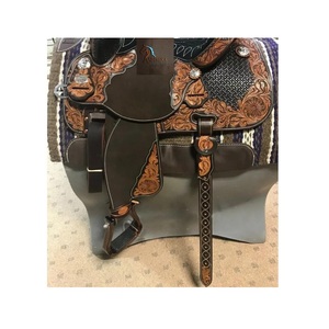 Selle de cheval Western en cuir brun foncé pour barrel racing, avec siège noir tressé à la main à motifs floraux et ensemble de harnais, de 10 à 18 pouces - Product Image 3