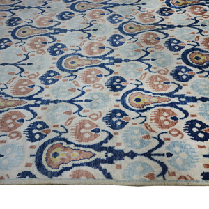 Tapis Damassé Traditionnel en Laine et Soie Noué à la Main Bleu Glacé et Pêche à Poil Court 10' x 14' pour Salon - Product Image 5