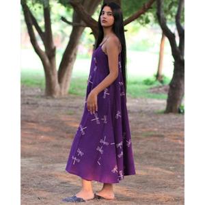 Vestido Mini Morado de Tirantes Finos para Mujer, Cuello en V, Manga Abullonada, Algodón Ecológico, Casual, Verano - Product Image 3