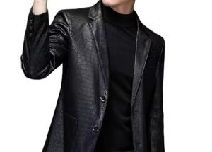 <b>Men's</b> Black PU Leather Motorcycle <b>Jacket</b> Stand Collar Single Button Embossed Pattern Slim Fit <b>Smart</b> Casual Winter Waterproof - Product Image 2