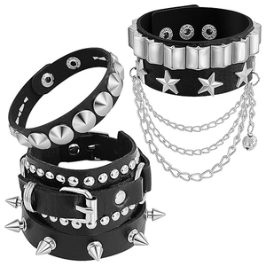 Good Seller Adjustable Black PU Leather <b>Bracelet</b> <b>Set</b> With Metal Star Chain Rivet Stud Design Unisex Fashion Wrist Accessories - Product Image 1