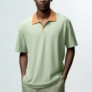 Men's Short Sleeve Knitted <b>Polo</b> Shirt Solid Green Color Breathable Casual Design With <b>Orange</b> Collar Regular Fit - Product Image 3