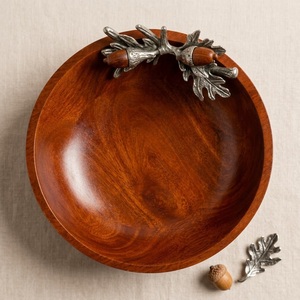 Handcrafted Decorative Mango Wood Serving Bowl With Elegant Metal Leaf & Acorn Accent Premium Polished Tabletop Decor For Home - Product Image 2