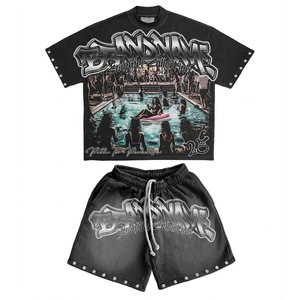Conjuntos de Camisas y Pantalones Cortos Negros con Logotipo Personalizado para Hombre, Estilo Lavado Ácido, para Ropa Urbana de Verano, Conjuntos Modernos para Actividades al Aire Libre - Product Image 1