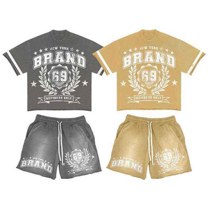 ชุดเซ็ตเสื้อยืดและกางเกงขาสั้นผู้ชายผ้าฝ้ายหนาน้ำหนัก 140 กรัม เอวยางยืด มีกระเป๋าข้าง 2 ชิ้น ชุดฤดูร้อนใส่สบาย ป้องกันแสงแดด - Product Image 1