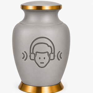 Elegante urna de cremación gris mate con auriculares y grabado de ondas sonoras, urna conmemorativa premium para amantes de la música y audiófilos. - Product Image 6