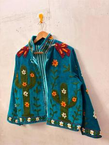 Luxury Turquoise <b>Velvet</b> Floral Embroidered Suzani <b>Jacket</b> with Cactus Pattern Full Sleeve Stand Collar Handmade Boho Winter Coat - Product Image 4