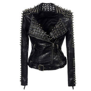 <b>Women's</b> <b>Black</b> Lamb Fur Breathable Motorcycle Jacket Cotton Lined Studded Rivet Zip up Biker <b>Coat</b> Spring Autumn - Product Image 1