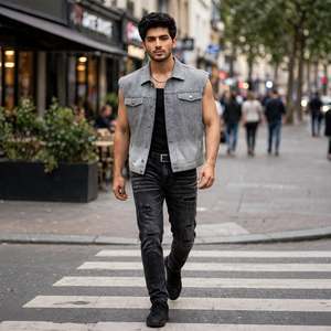 Wholesale Custom Men's Light <b>Grey</b> Vintage Woven Denim <b>Vest</b> Rhinestones Starry Ombre Sleeveless Studded Glitter Jean Streetwear - Product Image 3