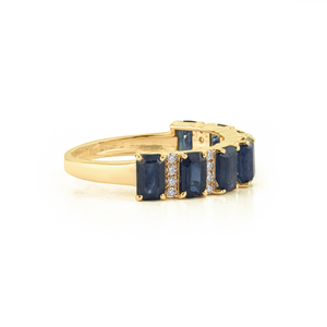 Anillo de media eternidad de oro amarillo real de 14 quilates con zafiro azul y diamantes, estilo moderno con piedras preciosas, para joyería unisex. - Product Image 5