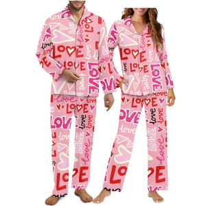 Custom Logo Low MOQ Polyester Couples <b>Pyjamas</b> Set Valentine's Long Sleeve Sleepwear Suit Couple 2 Piece Lounge Wear - Product Image 4