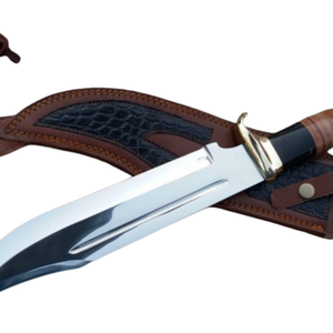 Couteau de chasse Bowie artisanal en acier D2 avec manche en corne de buffle noir, poignée en cuir marron, lame argentée, étui en cuir, pour l'extérieur - Product Image 6