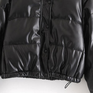Black PU Puffer <b>Jacket</b> Stand Collar Button Closure Short Length Winter Coat Unisex Casual Waterproof Thick Quilted - Product Image 4