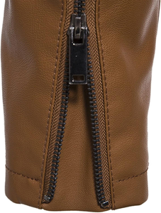 Men's Brown PU Leather Moto <b>Jacket</b> Stand Collar Zipper Closure Slim Fit Regular Length Solid Color Motorcycle Style Autumn Wear - Product Image 3