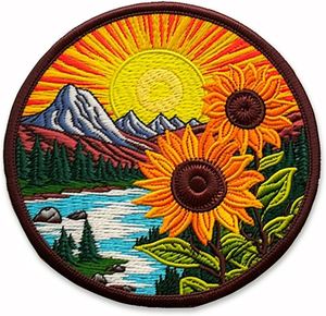 Parche Bordado Circular de Girasol con Escena de Montaña y Lago, Aplique Cosido para Regalos - Product Image 1