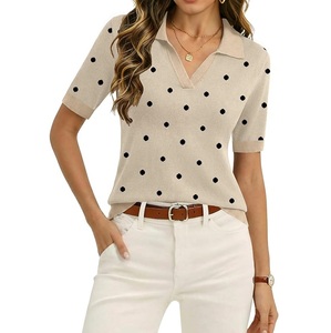 Polo de Punto de Manga Corta con Estampado de Lunares Beige para Mujer, Top Informal - Product Image 1