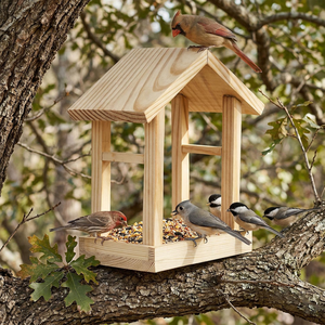 Wooden <b>Bird</b> <b>Feeder</b> Outdoor Hanging Garden <b>Bird</b> <b>Feeder</b> Station Natural Wood <b>Bird</b> Feeding House with Seed <b>Tray</b> and Roof - Product Image 6