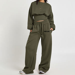 Conjunto Deportivo de Dos Piezas, Color Sólido, Oversize, Invierno 2025, 100% Algodón Transpirable, con Encaje, Bordado Personalizado, Tejido Grueso - Product Image 1