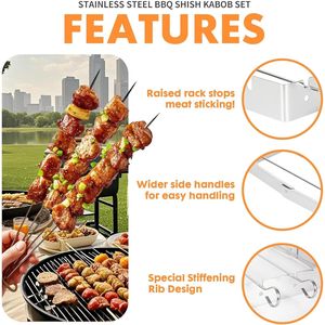 Griglia BBQ Pieghevole in Acciaio Inox con Set di 6 Spiedini Riutilizzabili da 33 cm per Feste e Cene all'Aperto e al Chiuso - Product Image 2