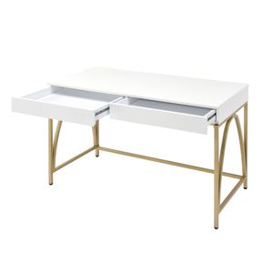 White High Gloss 2-Drawer Writing <b>Desk</b> with Gold Metal Trestle Base Stylish Office <b>Desk</b> - Product Image 4